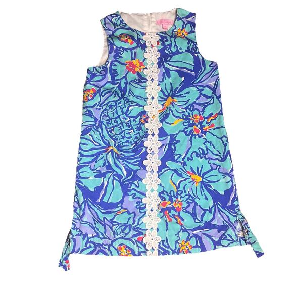 Lilly Pulitzer Girls Shift Dress Size 10 Blue Floral Cotton Sleeveless Mai Tai - Picture 1 of 15